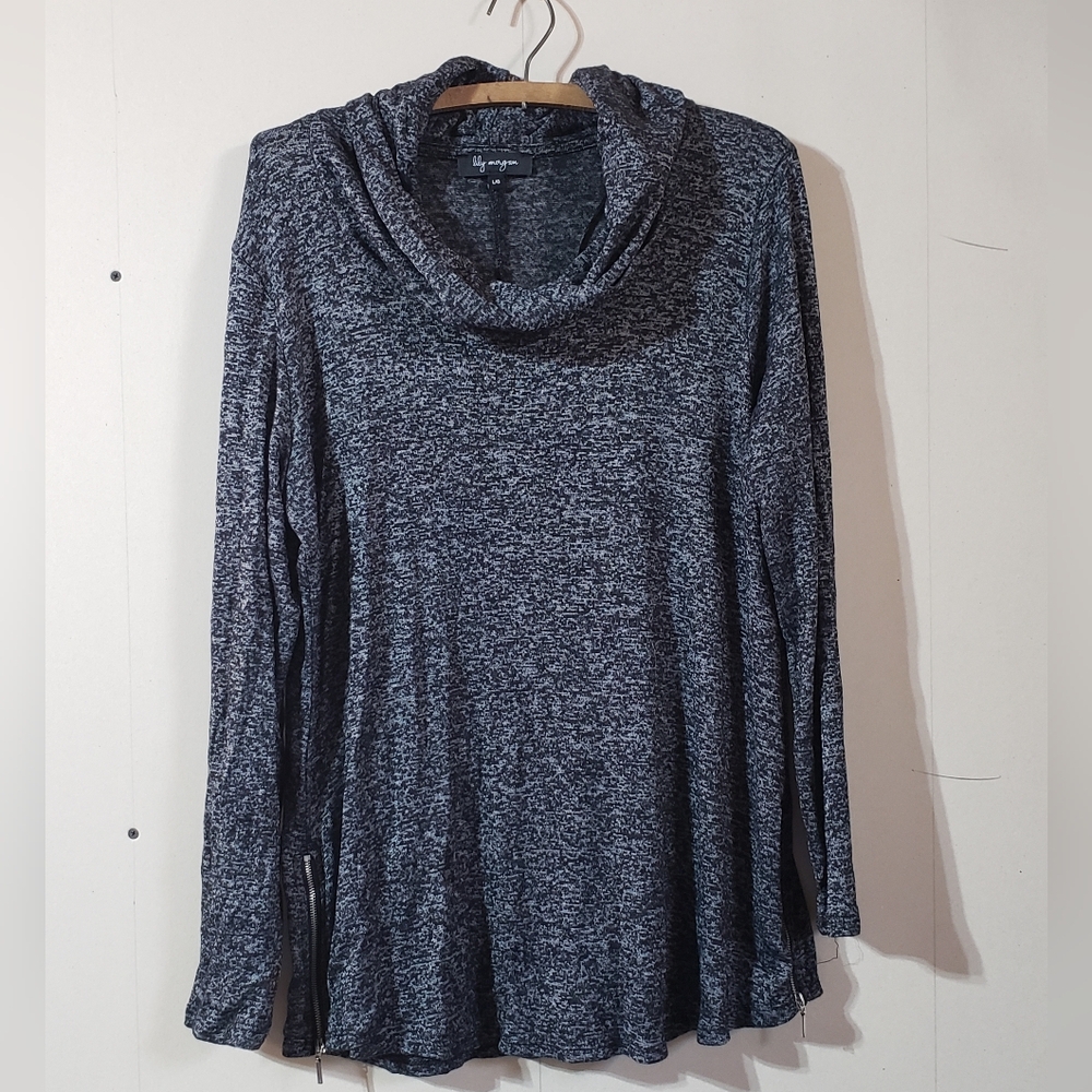 Lily Morgan Women's soft cozy Black Grey Marled Cowl Neck Knit Sweater, Sz L